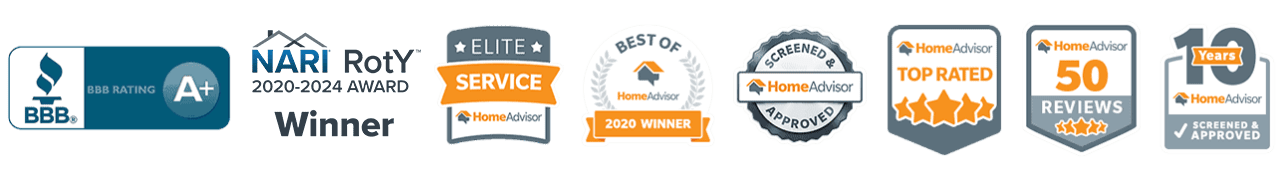 Home 17 bbb a+ rating, nari remodeler of the year 2020-2024 award winner, homeadvisor elite service, best of homeadvisor, screened and approved, top rated, 50 reviews, 10 years